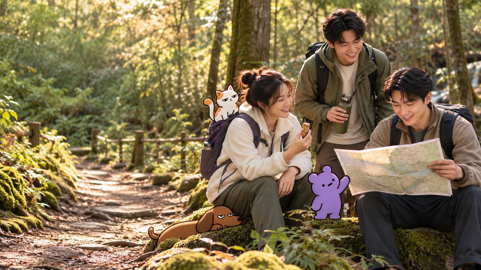 Friends sharing a relaxed break on a forest trail with the GUMMY TRAIL crew