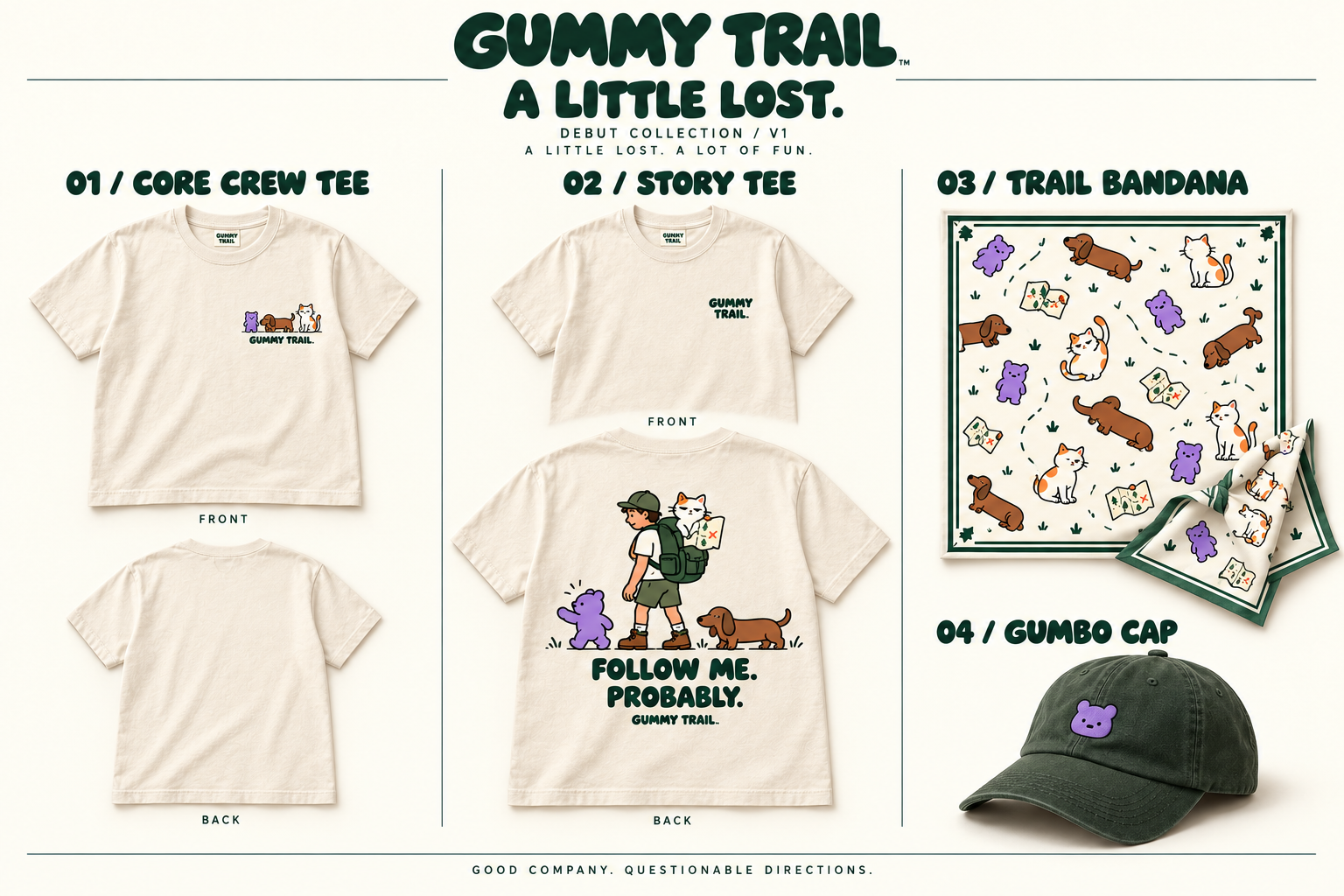 A LITTLE LOST debut collection review board with cream tees, trail bandana and forest cap