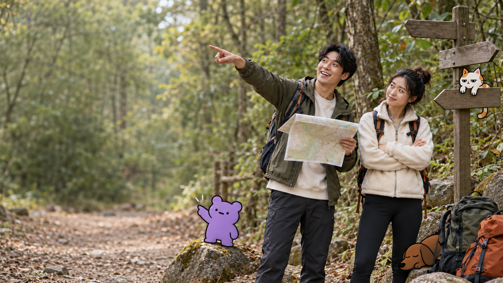 Friends at a trail junction with Gumbo, Dobbo and Mimo
